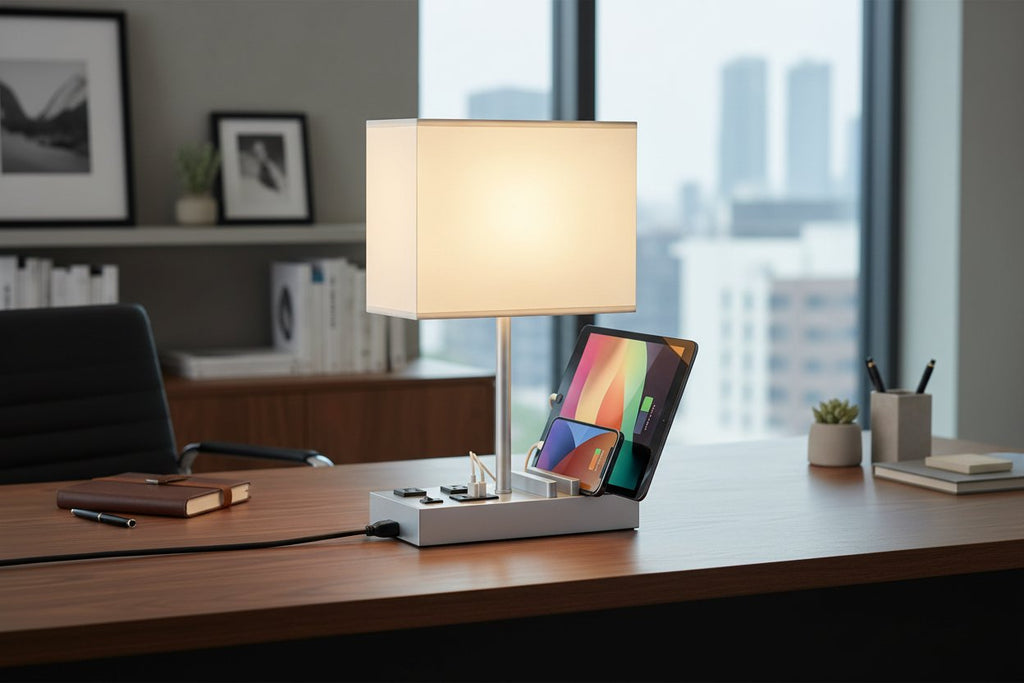Bedside Table Lamp with 3 USB Charging Ports, 2 AC Outlets and 3 Phone Stands, Modern USB Desk Lamp with Silver Wooden Base