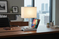 Bedside Table Lamp with 3 USB Charging Ports, 2 AC Outlets and 3 Phone Stands, Modern USB Desk Lamp with Silver Wooden Base