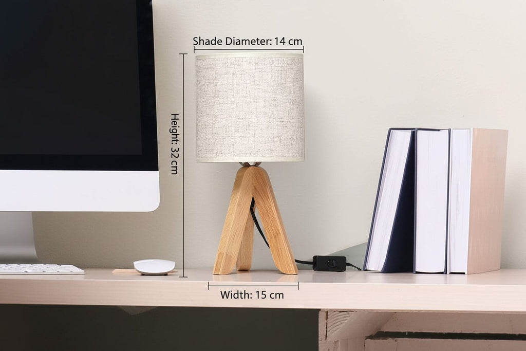 Small Bedside Table Lamp - Wooden Tripod Nightstand Lamp