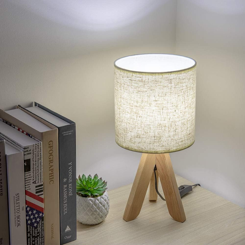 Small Bedside Table Lamp - Wooden Tripod Nightstand Lamp