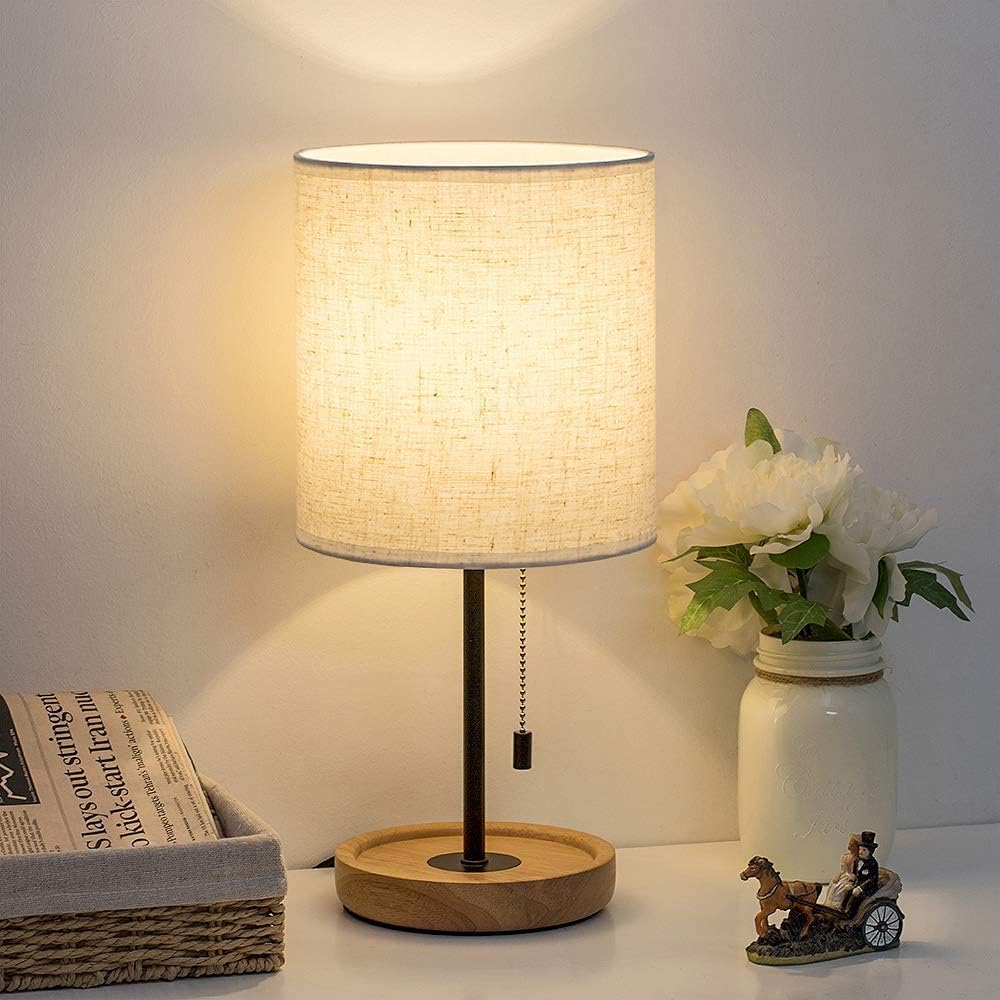 Wooden Bedside Lamp with Linen Shade