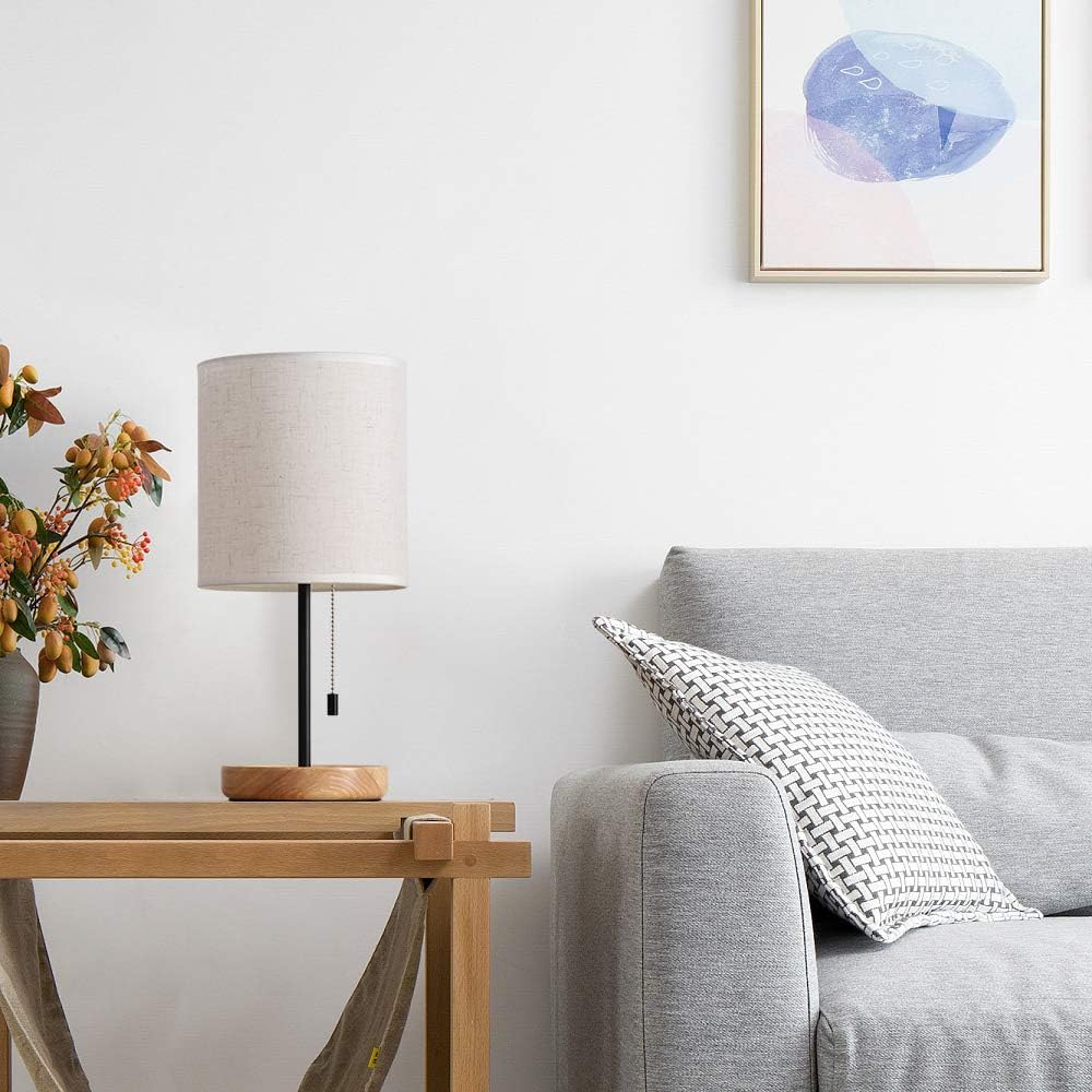Wooden Bedside Lamp with Linen Shade