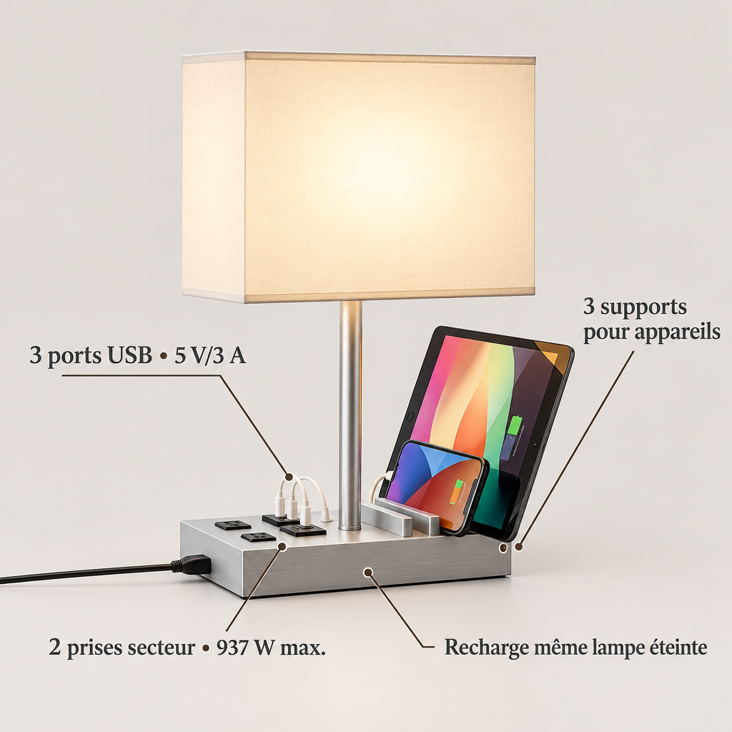 Lampe avec ses ports USB, prises et supports