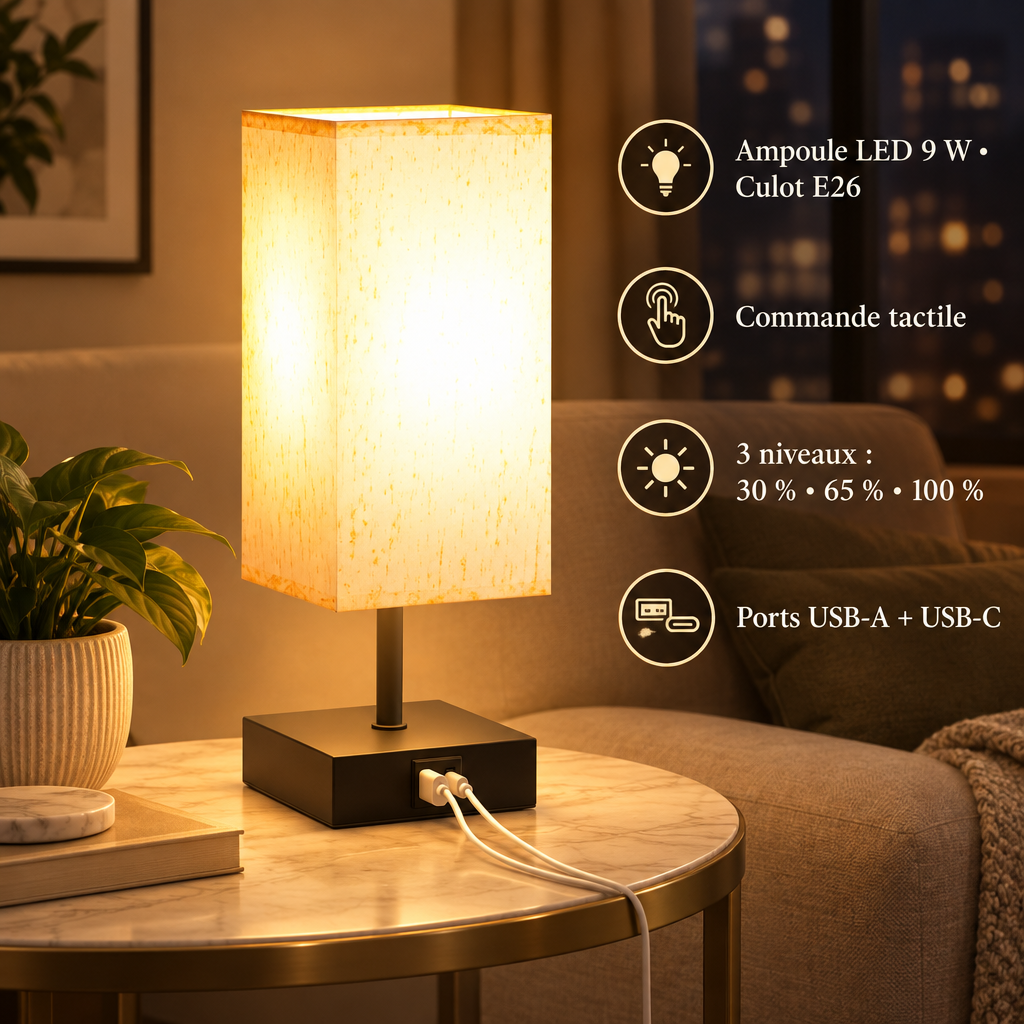 Lampe sur une petite table avec ses caractéristiques