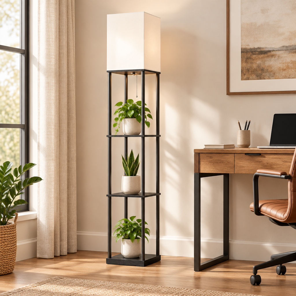 Produit mis en scène dans un bureau avec des plantes sur chaque étagère